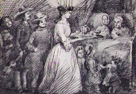Lucia ska enligt legenden ha satt en ljuskrona på huvudet för att kunna se bättre när hon i hemlighet bar ner mat till de arma fångarna i stadens fängelsehålor. Bild: Wikipedia