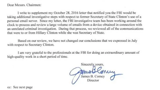 Det här är söndagens brev från FBI-chefen James Comey till den amerikanska kongressen, ett brev som friar Hillary Clinton.