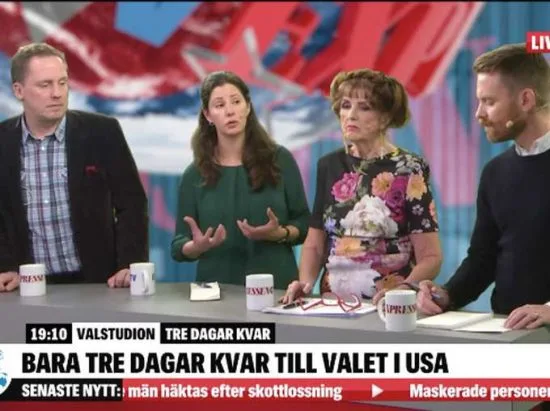 Gårdagens USA-panel i Expressen TV, fr v Fredrik Segerfeldt, Paulina Neuding, Elisabet Höglund och Hans Linde. Bild: expressen.se